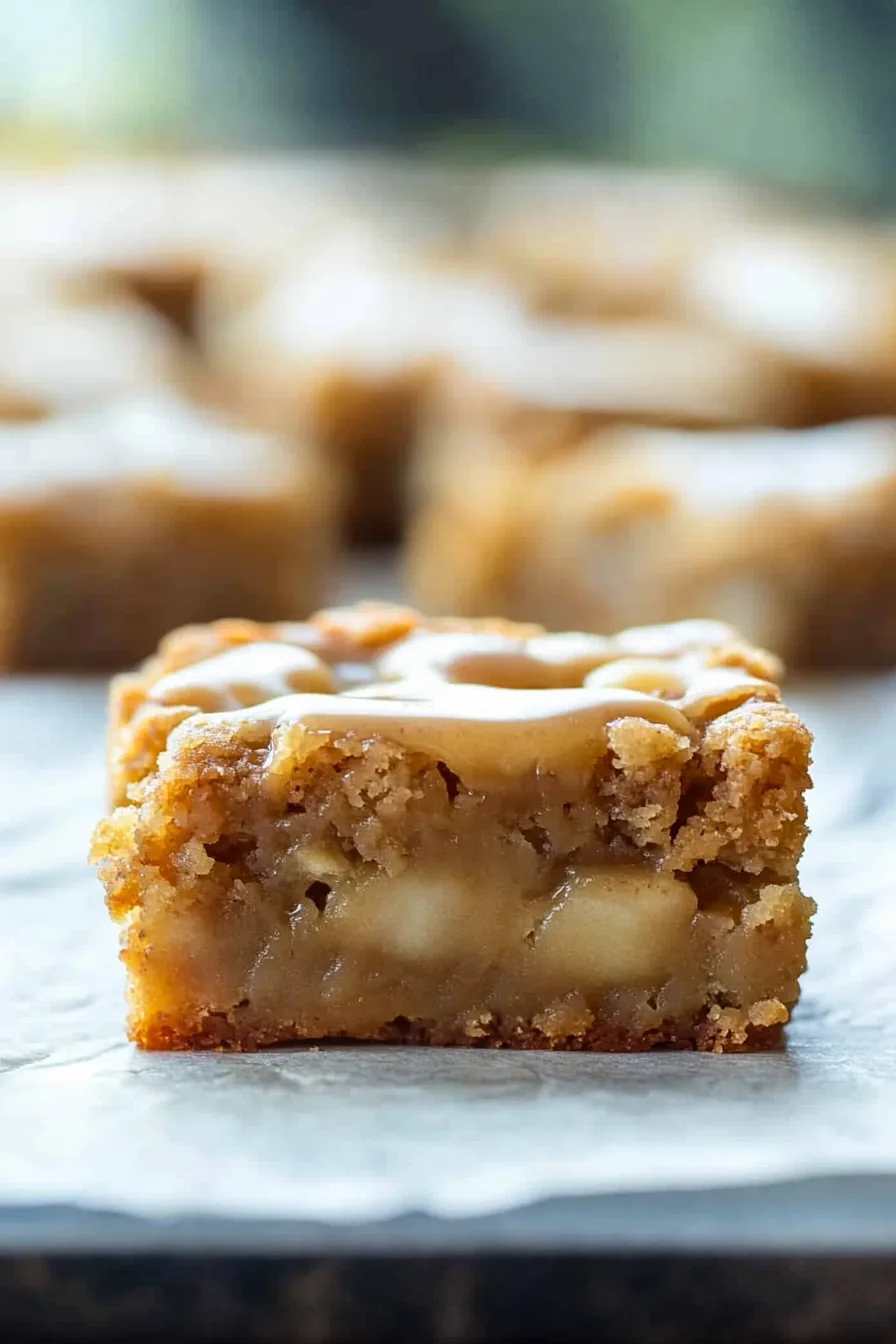 Single blondie bar cut open to reveal moist layers with chunks of apple.