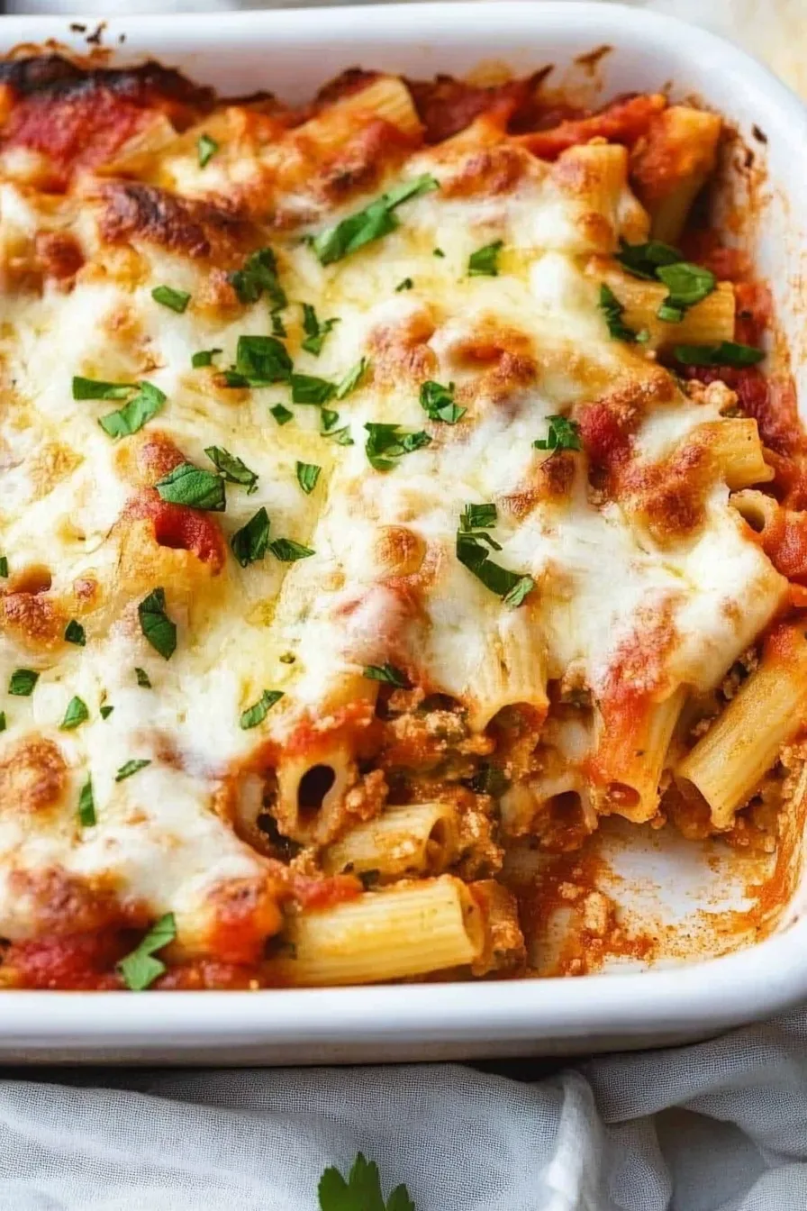 Close-up of cheesy baked ziti served in a white dish