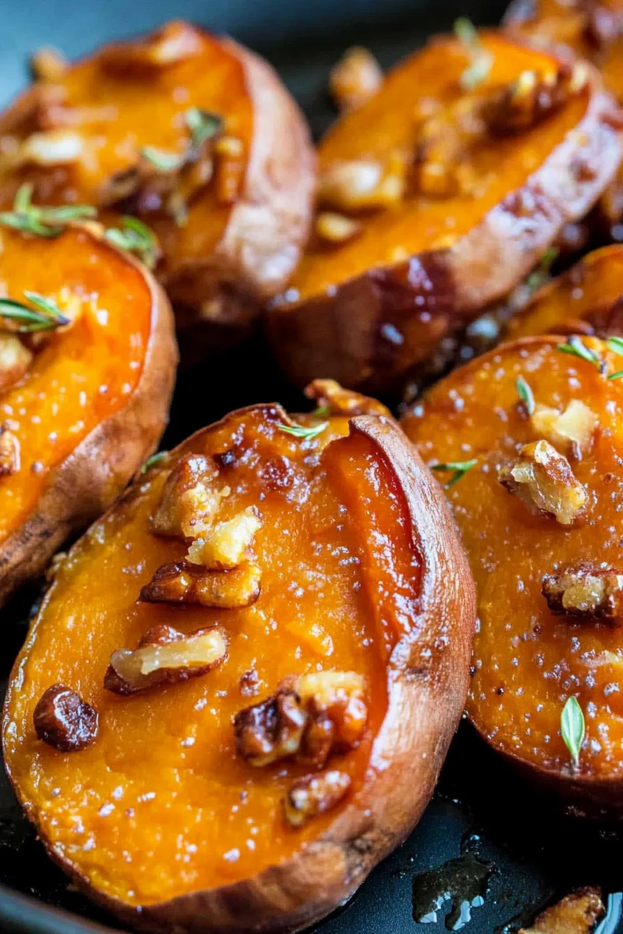 Close-up of tender sweet potatoes topped with fresh herbs