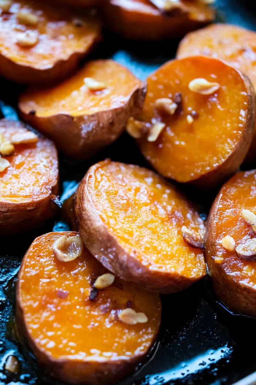 Overhead shot of crispy-edged sweet potato slices on a serving platter
