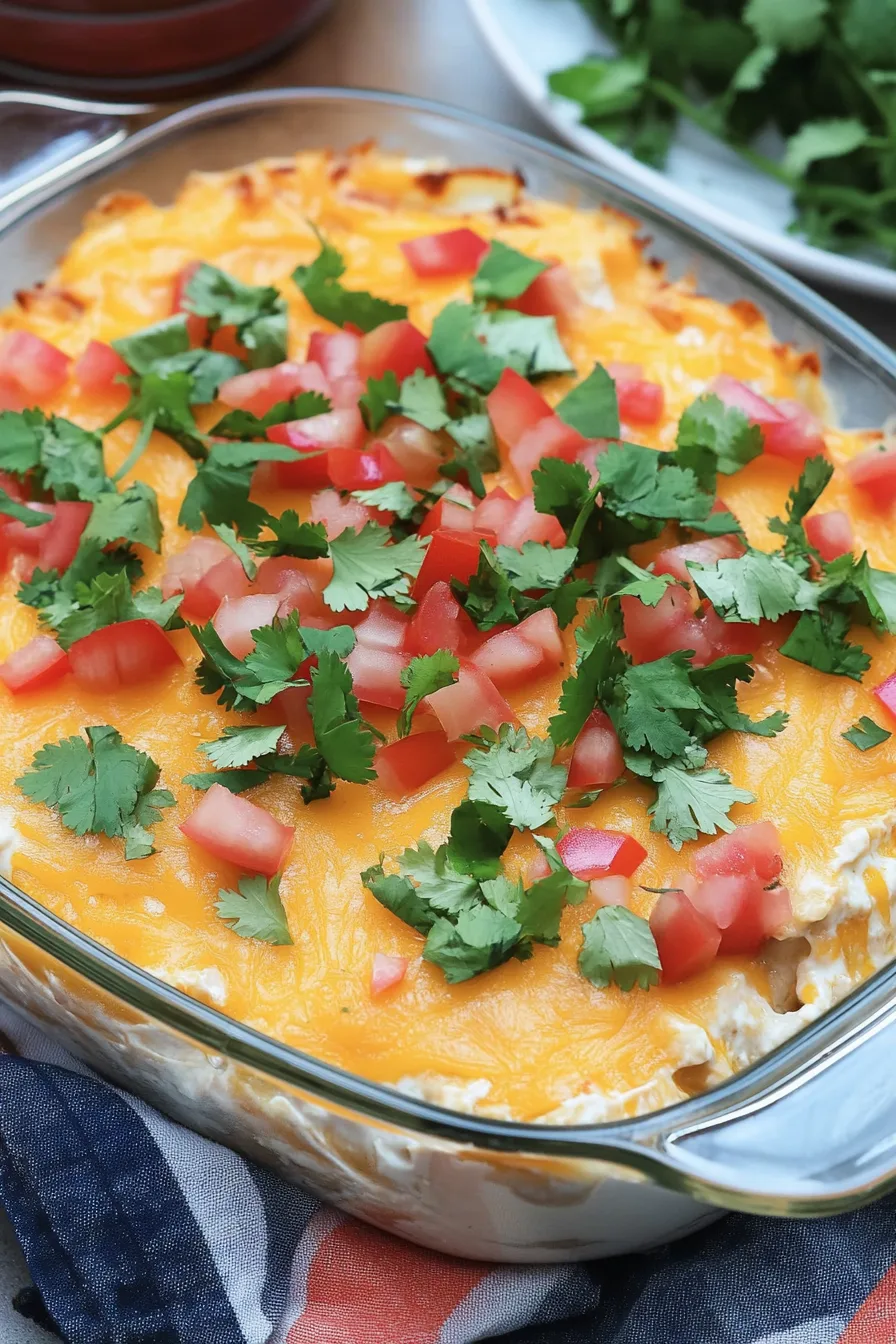 Cheesy casserole in a baking dish with a crispy browned topping