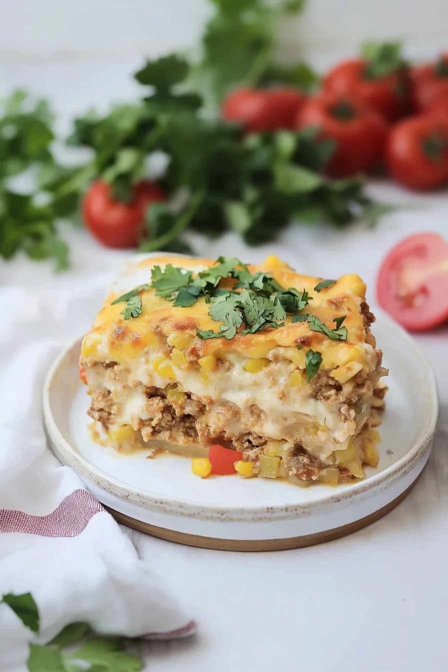 Hearty casserole portion with layers of sauce, vegetables, and cheese