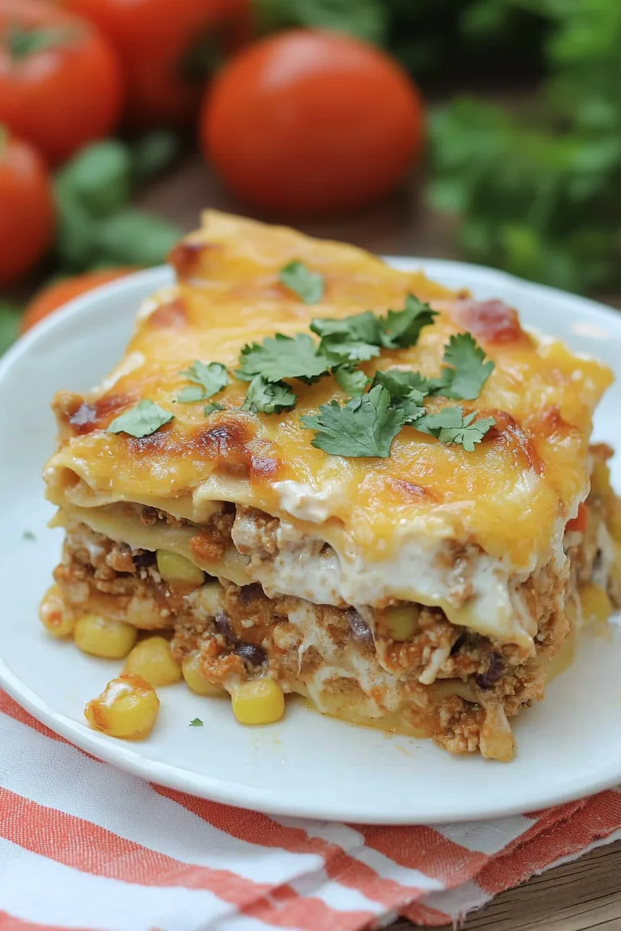 Close-up of a creamy casserole slice served on a white plate