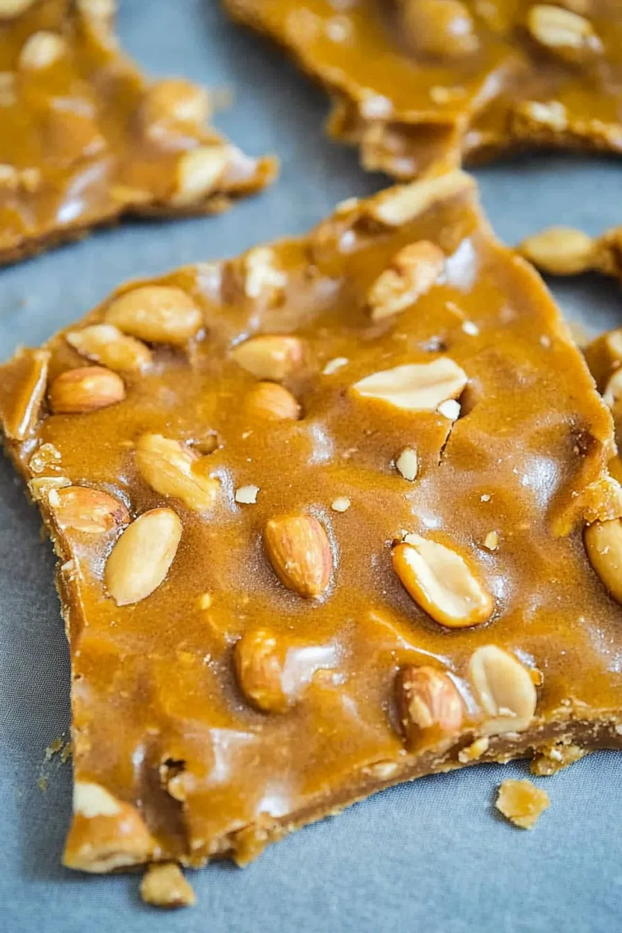 Close-up of golden peanut brittle broken into pieces on a tray.