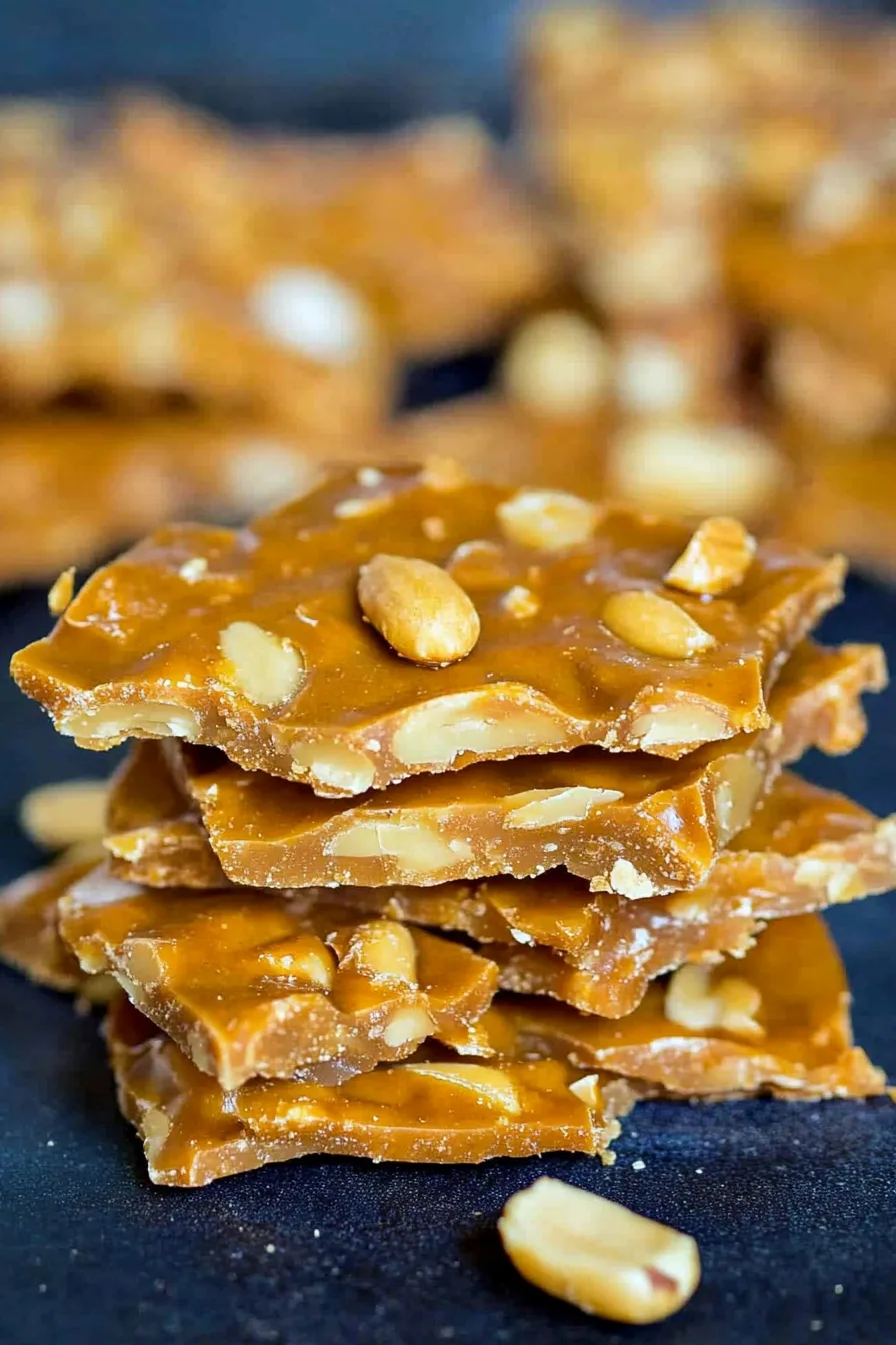 Crunchy homemade brittle with roasted peanuts scattered throughout.