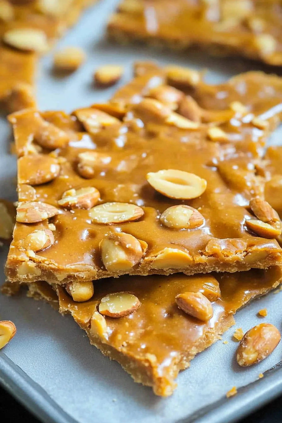 Thin sheet of glossy peanut brittle cooling before serving.