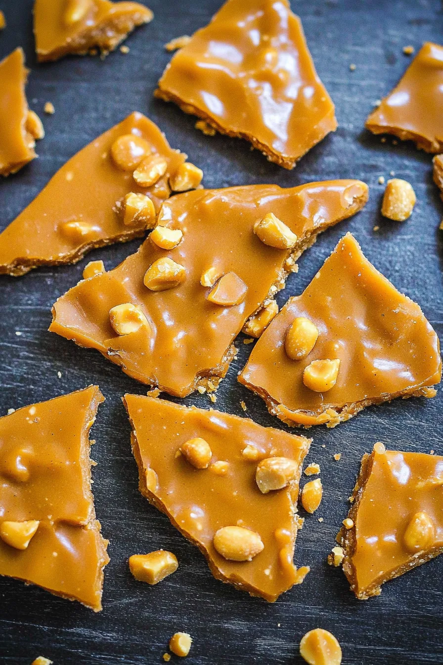 Caramelized brittle with whole peanuts, snapped into chunks.