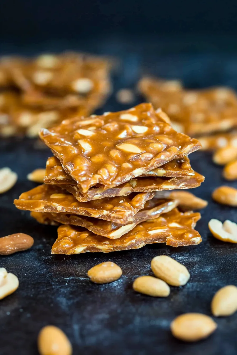 Homemade candy brittle pieces showing a shiny, nutty texture.