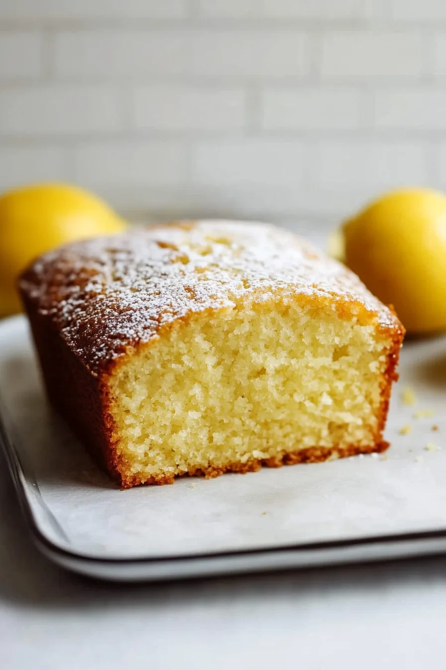 Moist and fluffy lemon yogurt cake topped with powdered sugar.