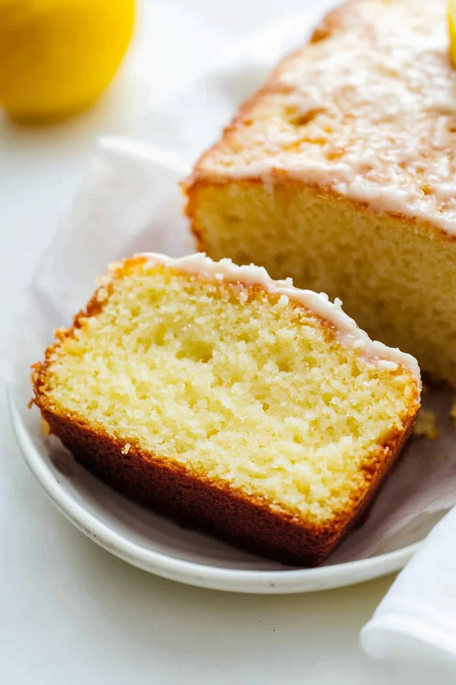 A single slice of golden cake placed on a dessert plate.