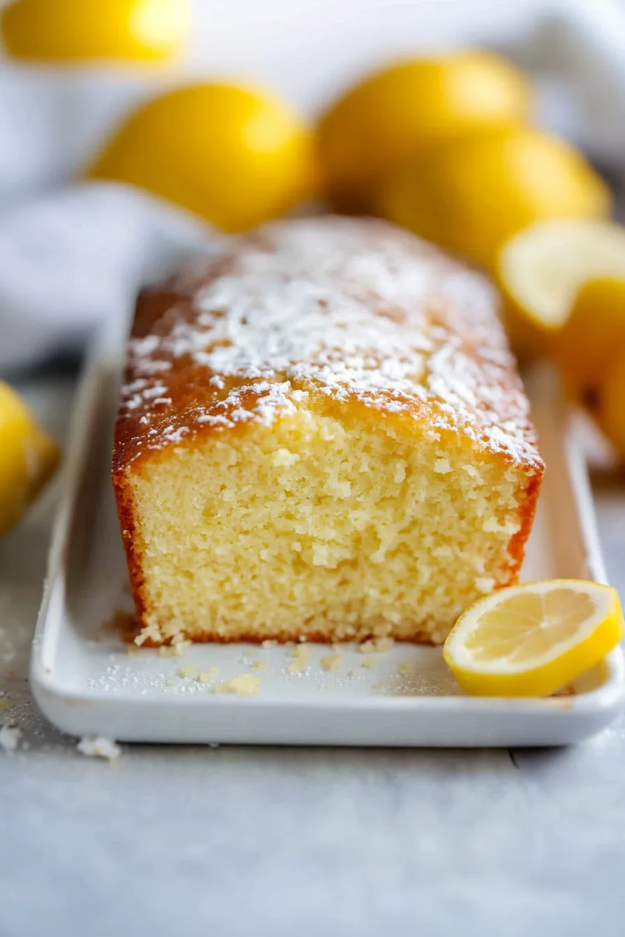 Whole cake on a serving plate with lemon slices on the side.