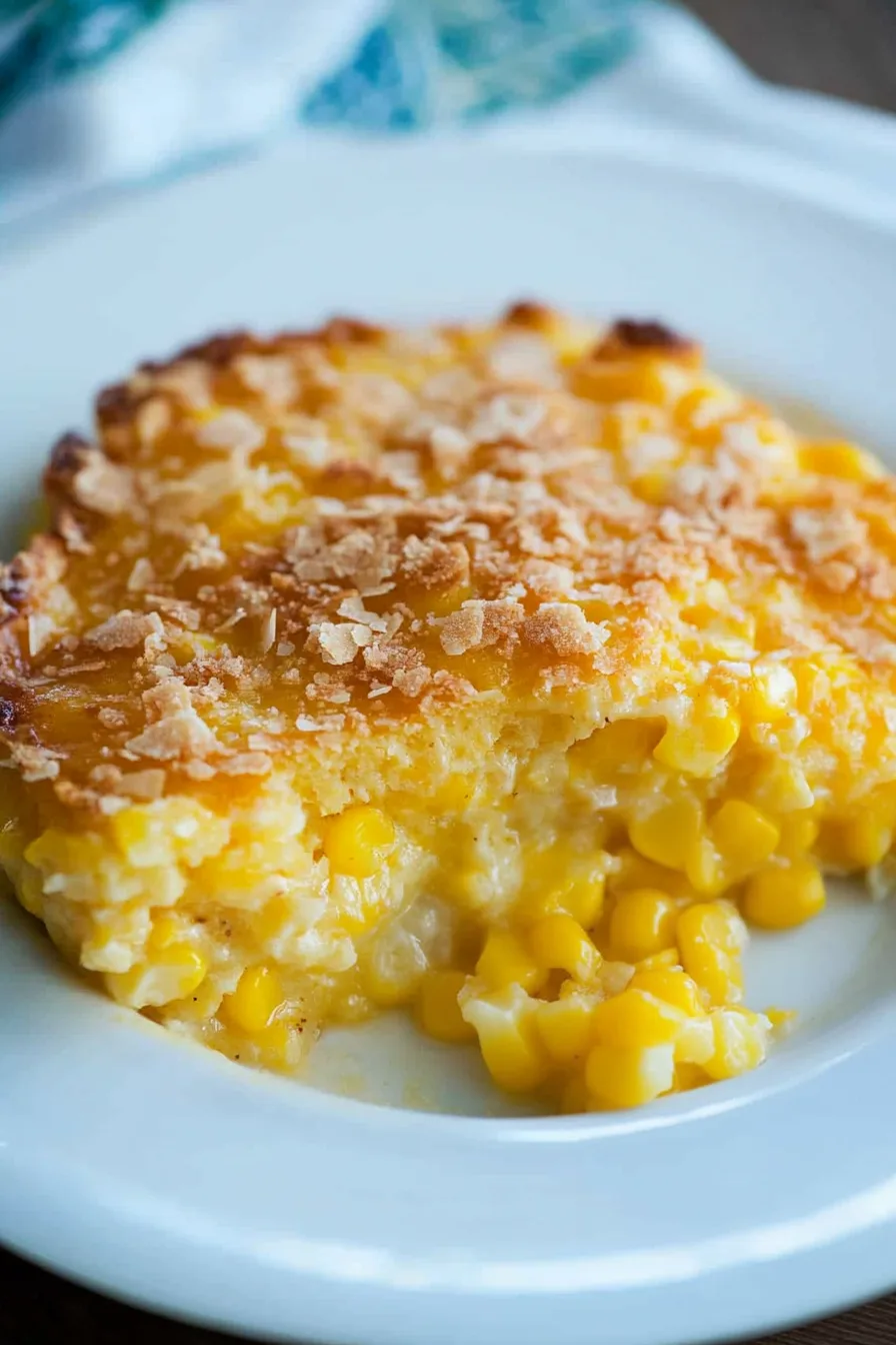 Golden baked corn pudding with a crispy topping on a white plate