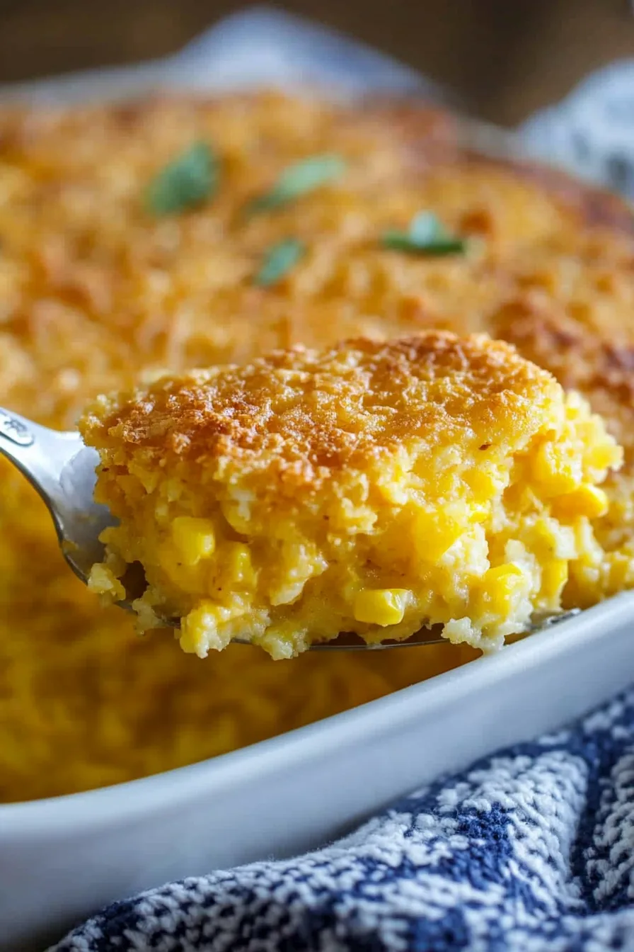 Serving spoon scooping a portion of warm corn casserole