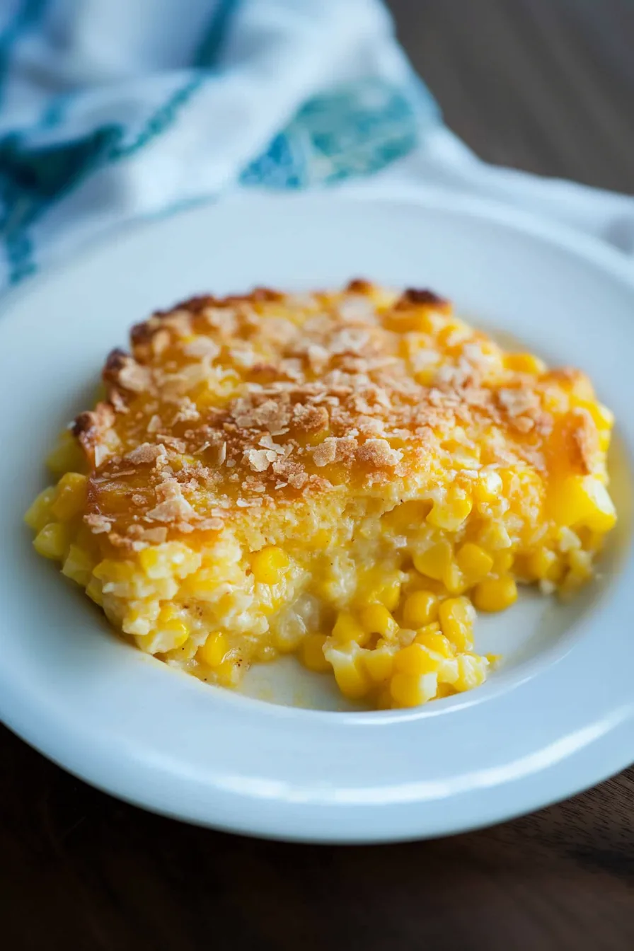 Slice of pudding on a plate showing tender corn inside
