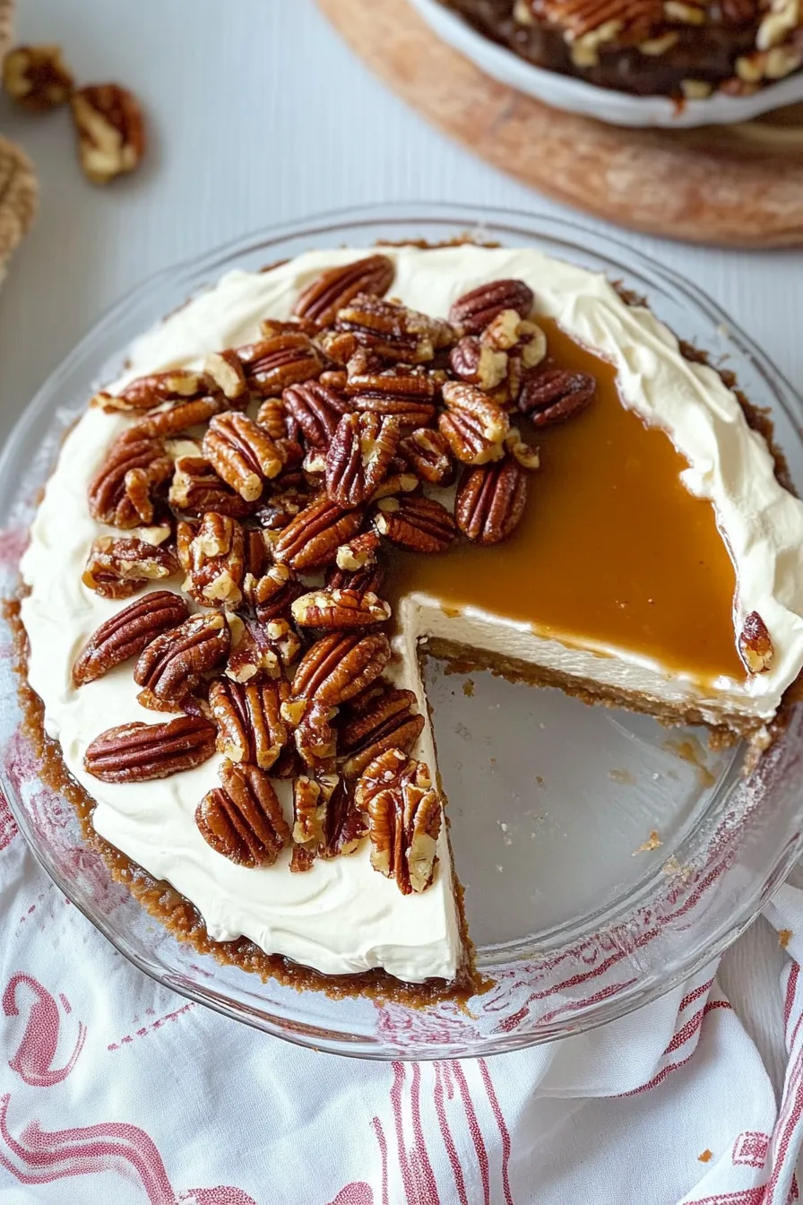 A creamy cheesecake topped with glossy pecans and caramel sauce.