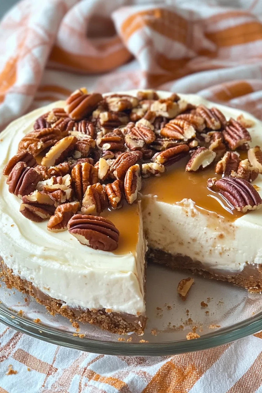 Homemade dessert with glossy pecans arranged neatly over a creamy base.