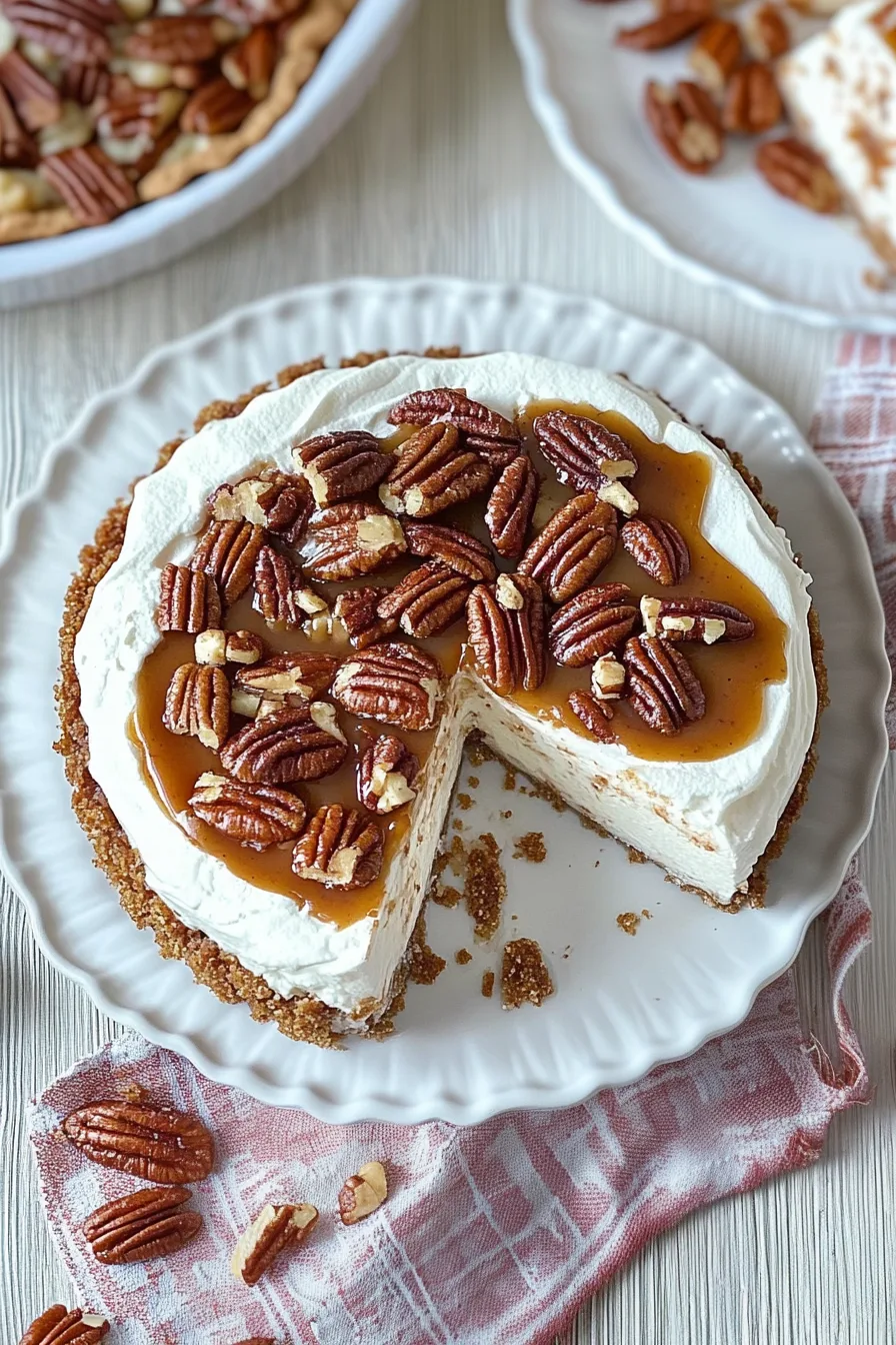 Overhead view of a pecan-covered cheesecake, ready to serve at the table.