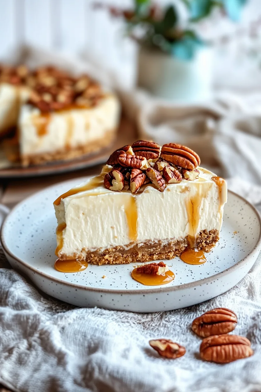 Cheesecake with layers of graham crust, creamy filling, and rich pecan topping.
