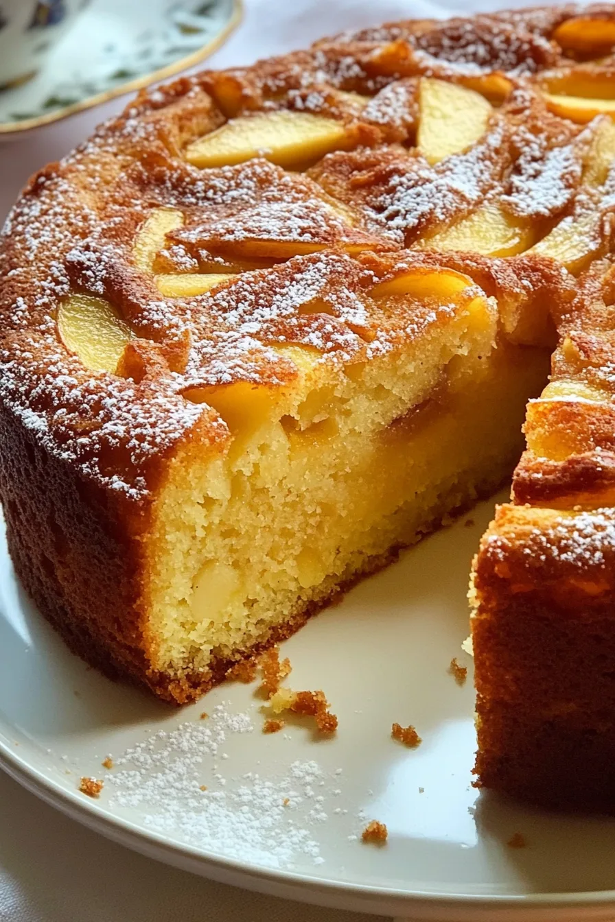 Close-up of a rustic apple cake topped with caramelized apple pieces.