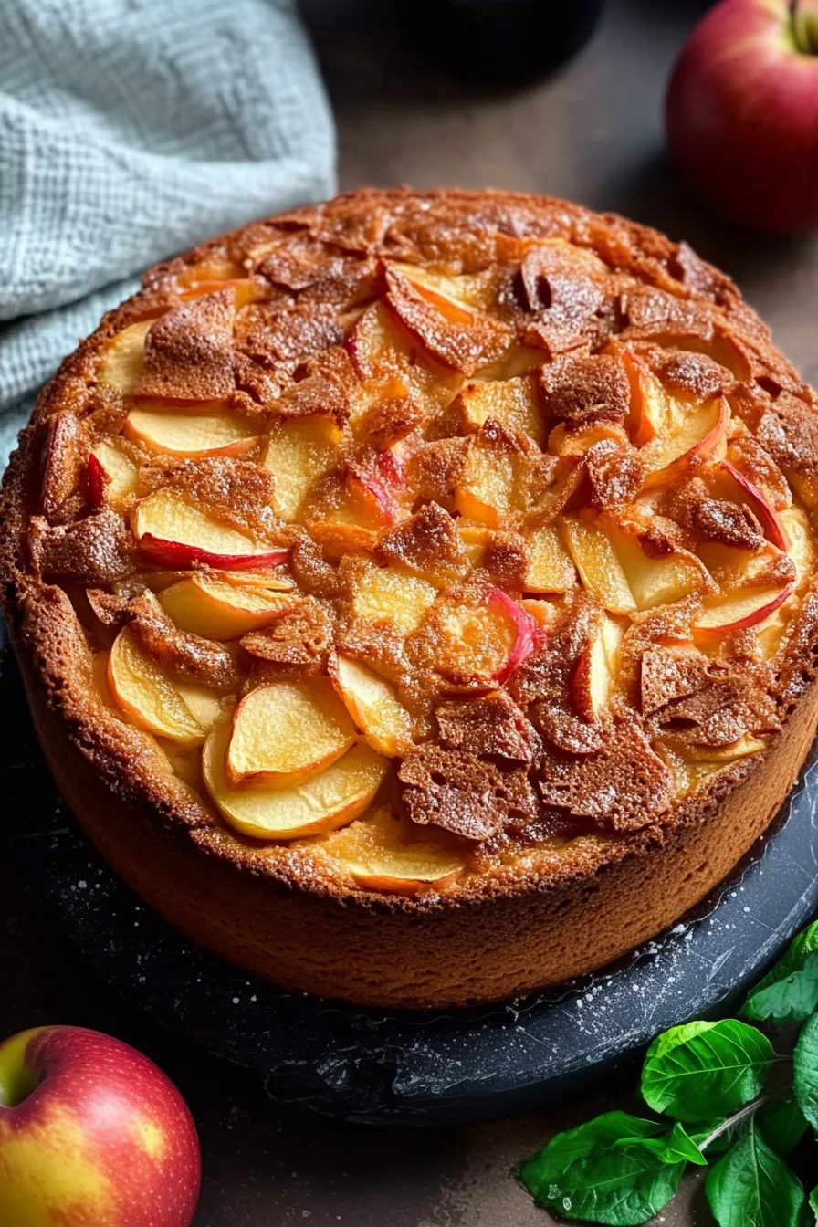 Homemade apple cake served on a dark stone platter with red apples nearby.