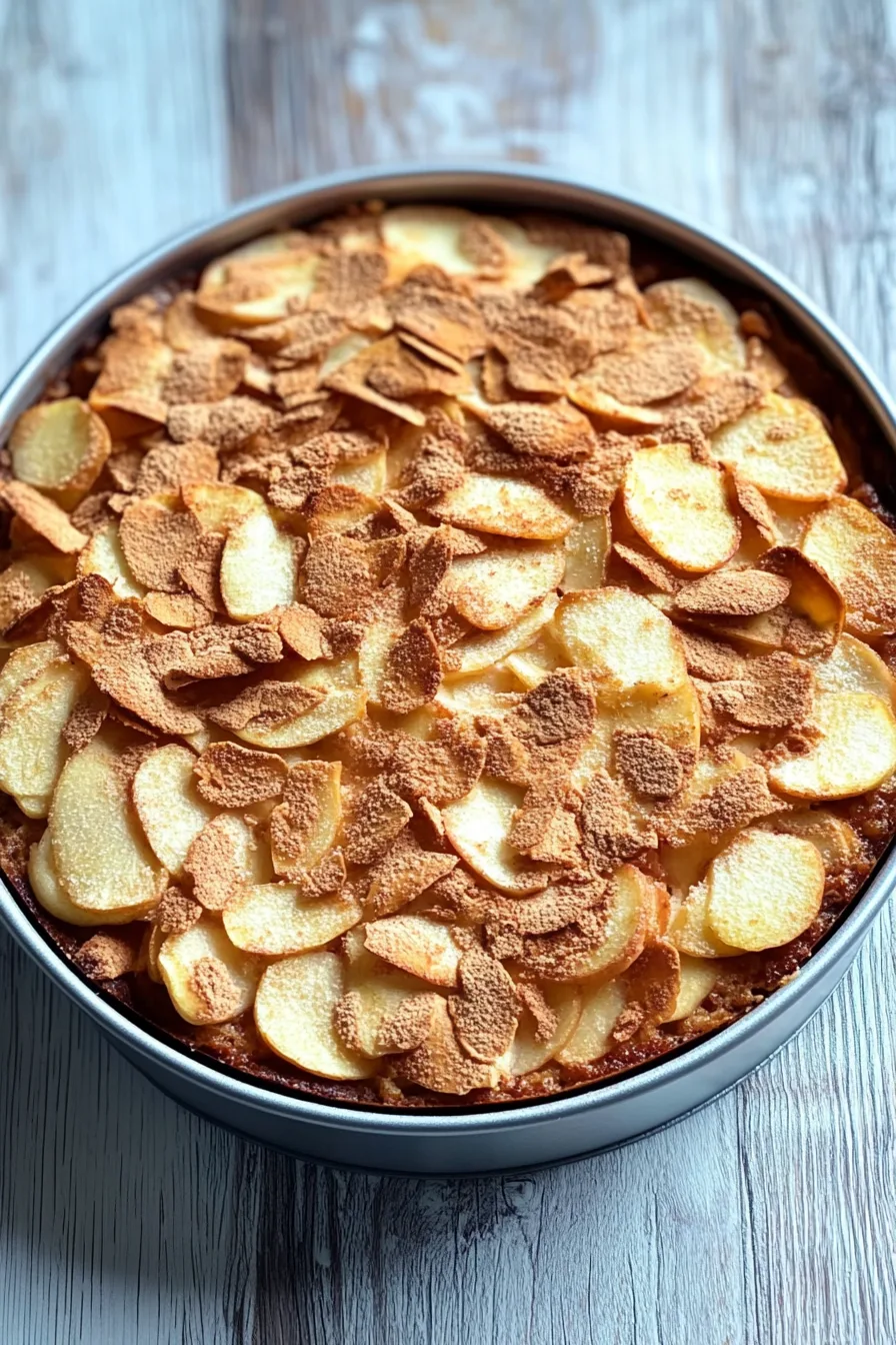 Moist apple cake with a crisp edge and baked apple slices arranged on top.