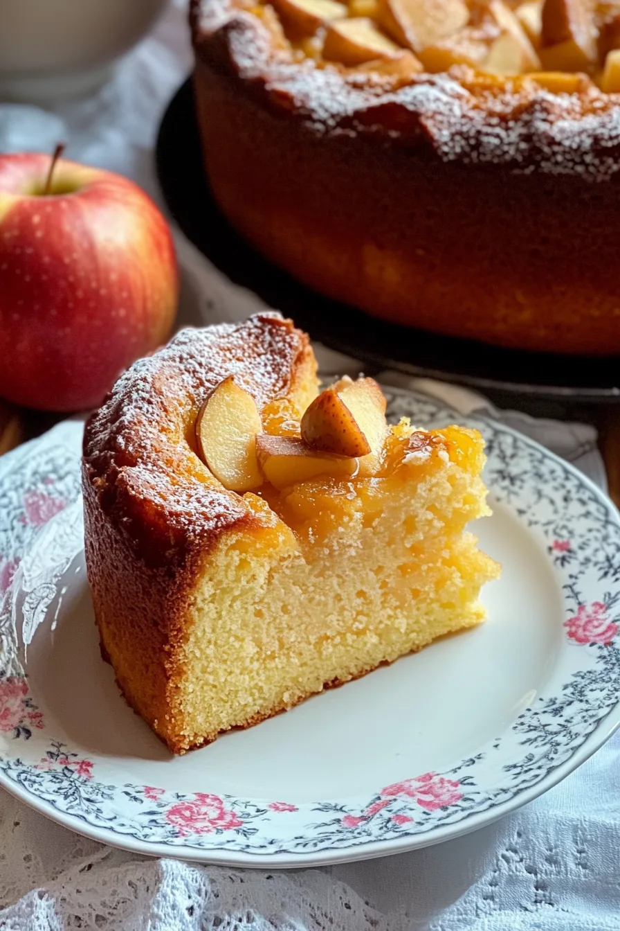 Traditional-style apple cake cooling on a counter with fresh apples in the background.