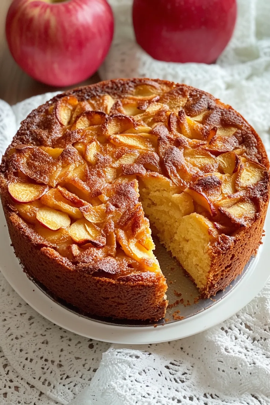 Freshly baked apple cake with golden crust and apple slices on top.
