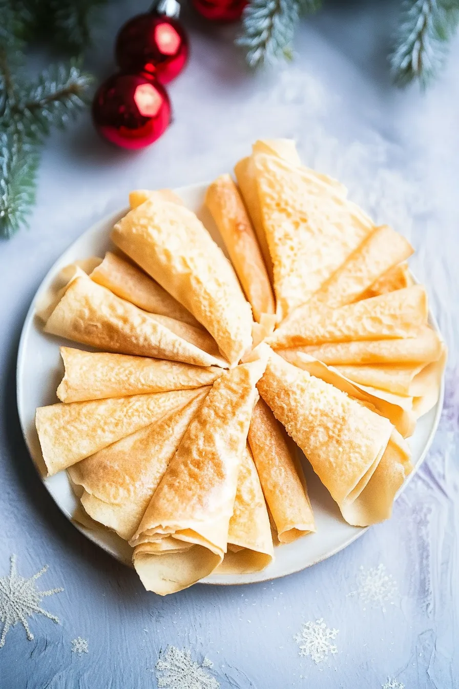 Golden rolled cookies arranged in a circle on a white plate with holiday decorations nearby.