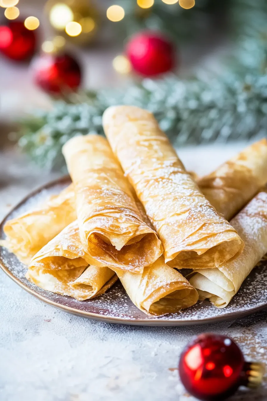 Festive plate of traditional holiday cookies placed beside red ornaments and pine branches.