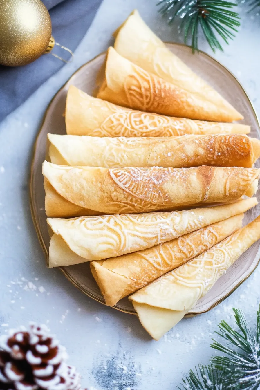 Close-up of rolled wafer cookies showing their light and airy texture.