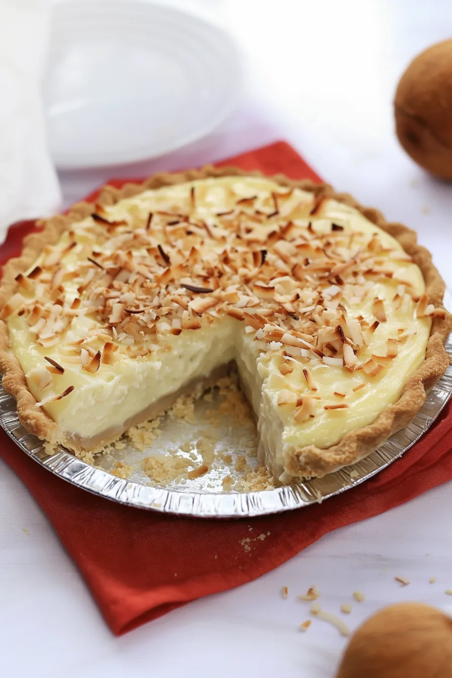Close-up of a pie slice showing layers of custard filling and coconut.