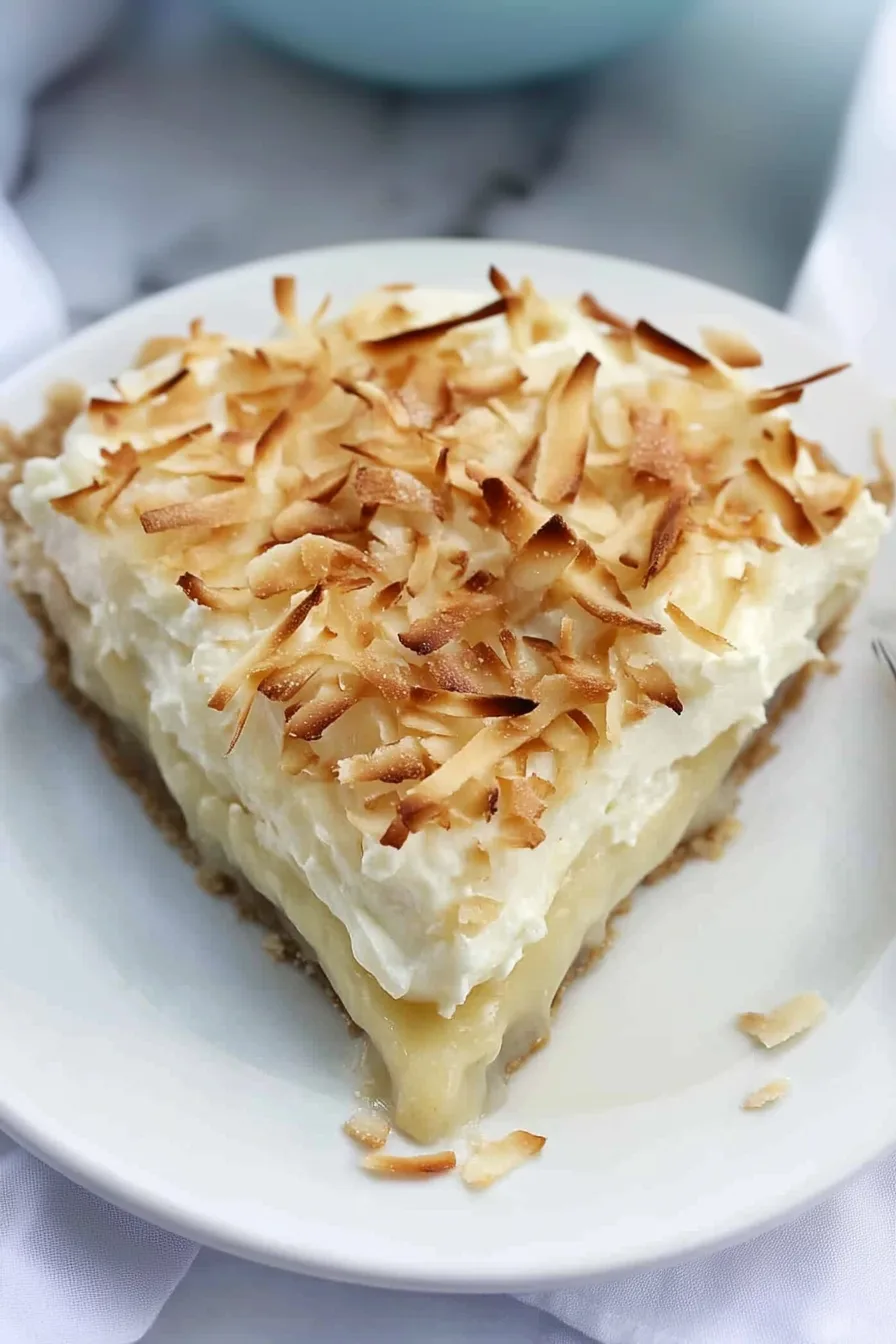 Close-up of flaky crust filled with creamy custard and coconut.