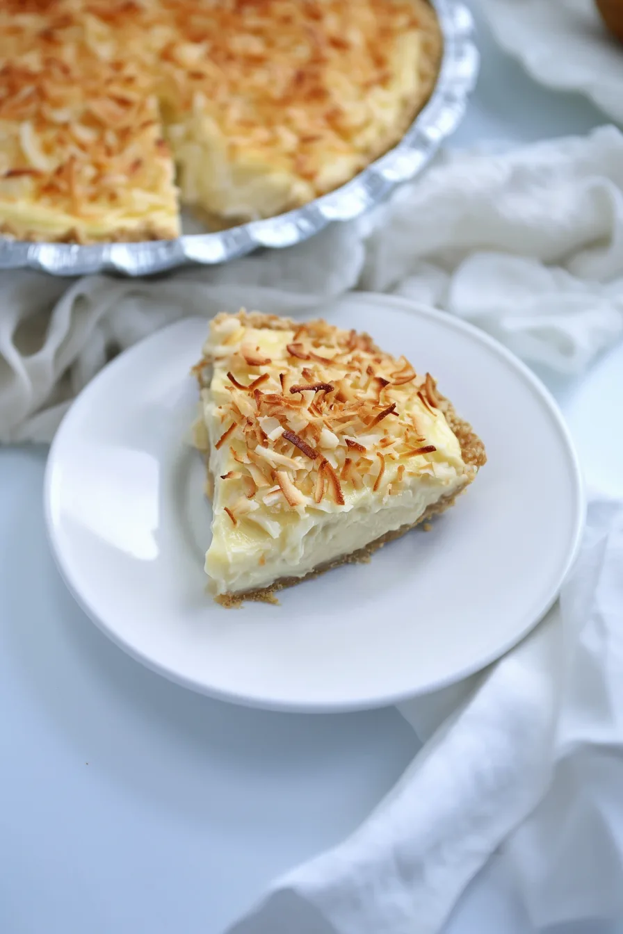 Overhead view of a baked pie showing crisp, browned coconut on top.
