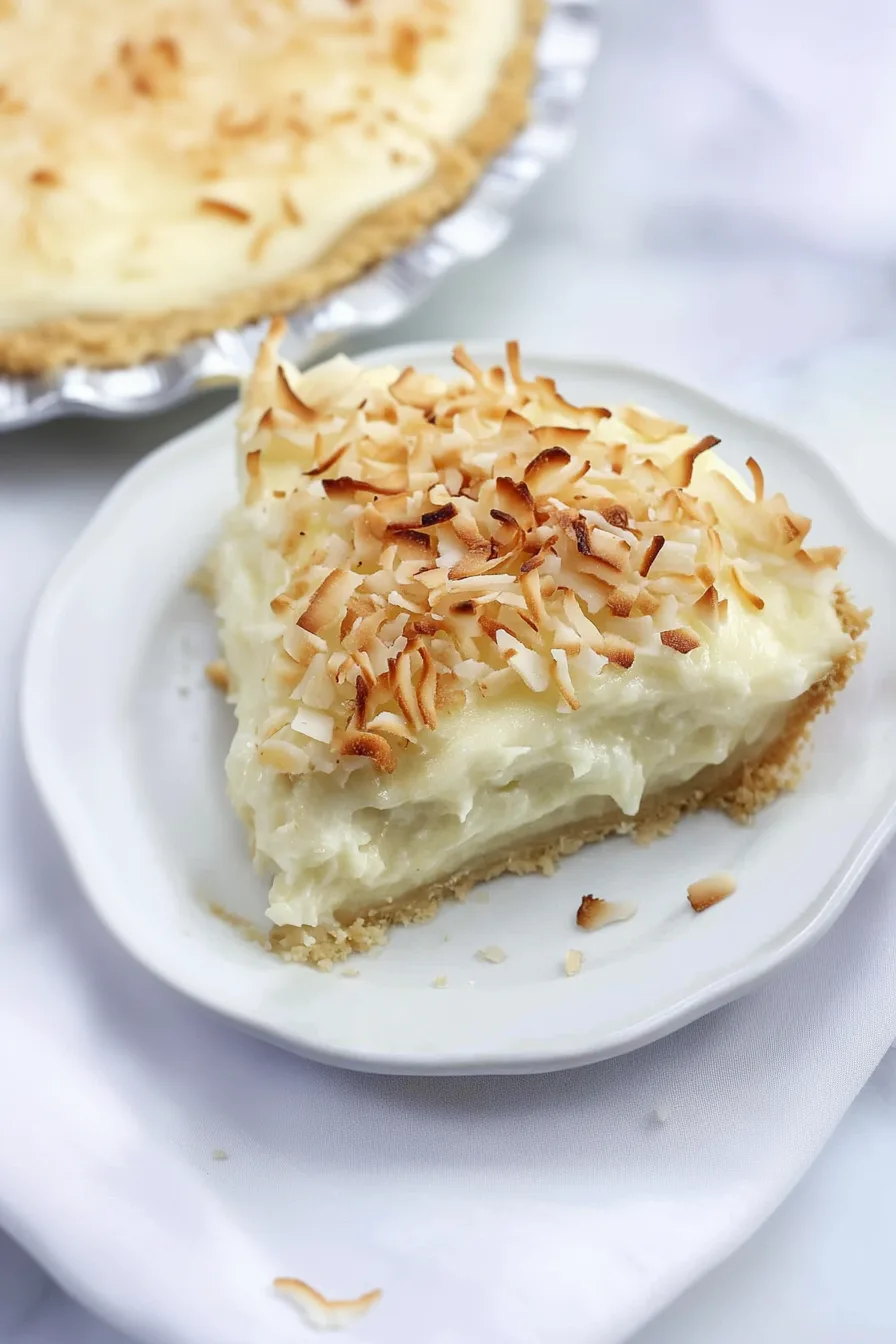 Slice of pie with golden toasted coconut topping on a plate.