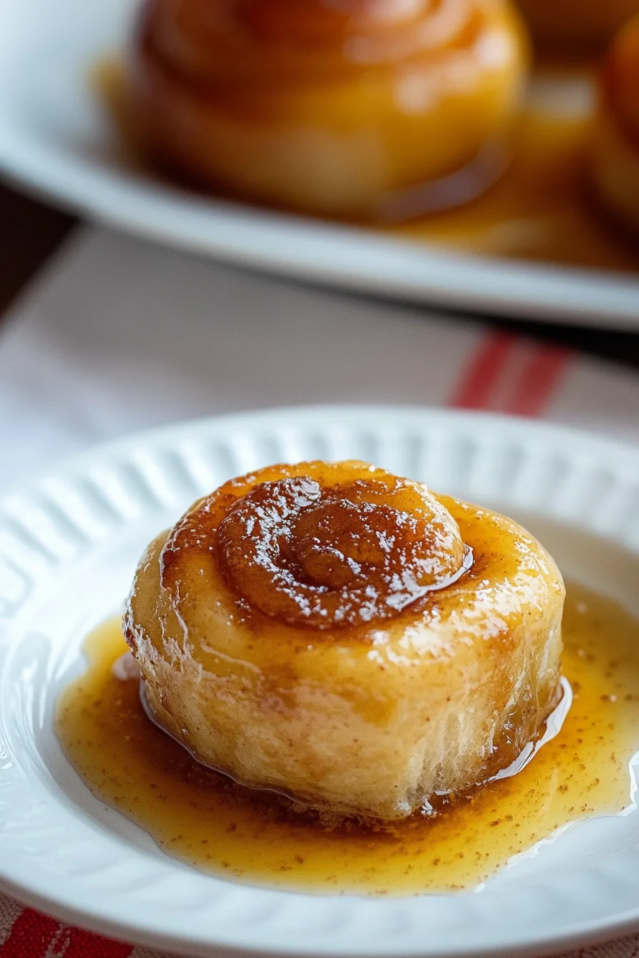 Freshly baked golden brown rolls sitting in a pool of rich, sweet syrup.