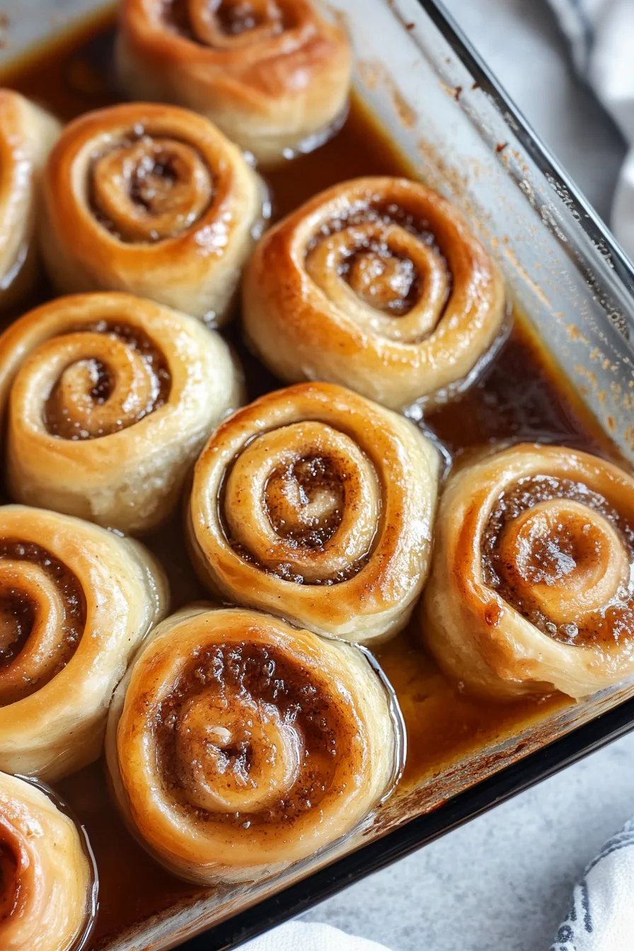 Buttery swirled rolls soaking in a rich, sweet brown sauce.