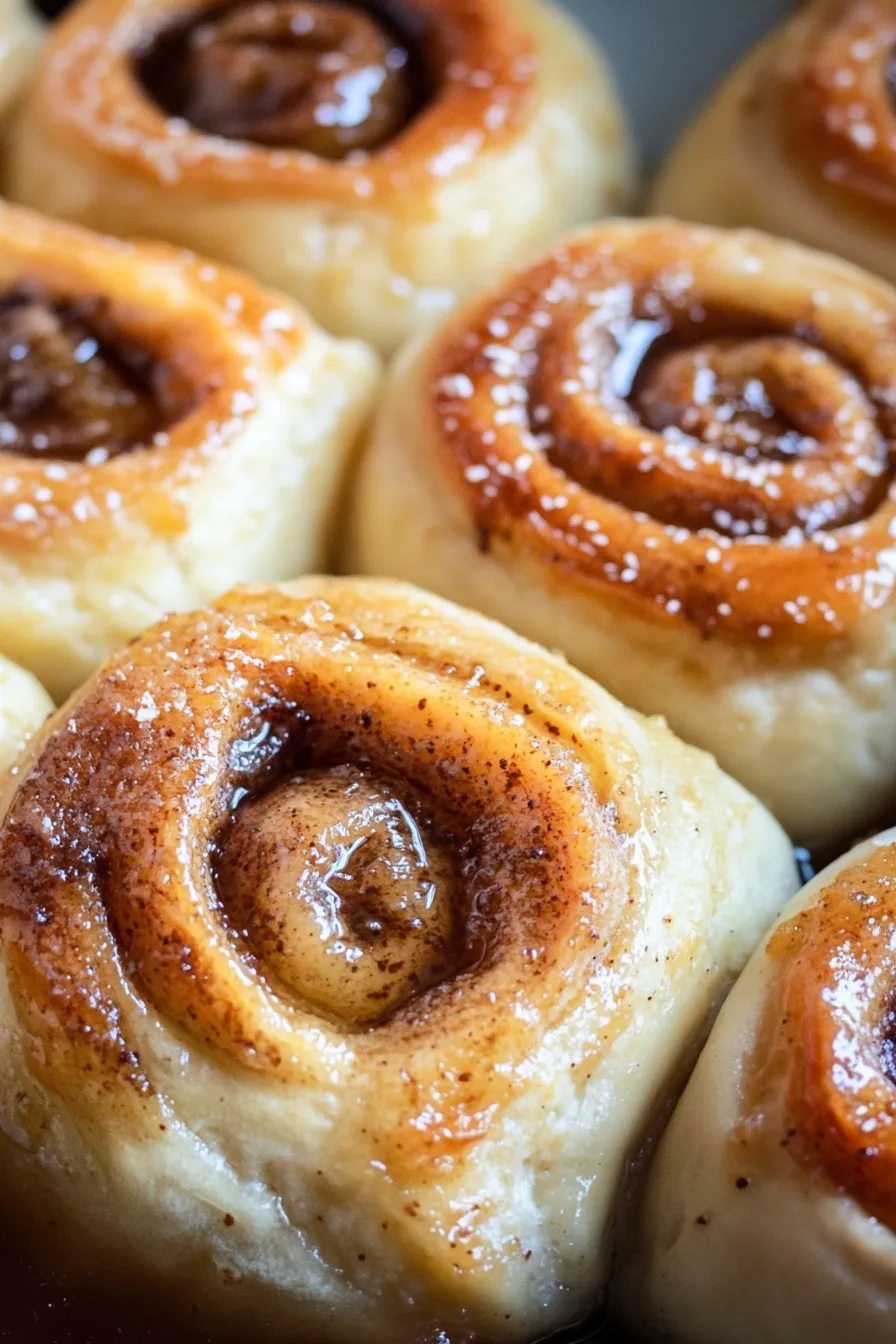 Close-up of warm, swirled rolls with caramelized edges and glossy sauce.