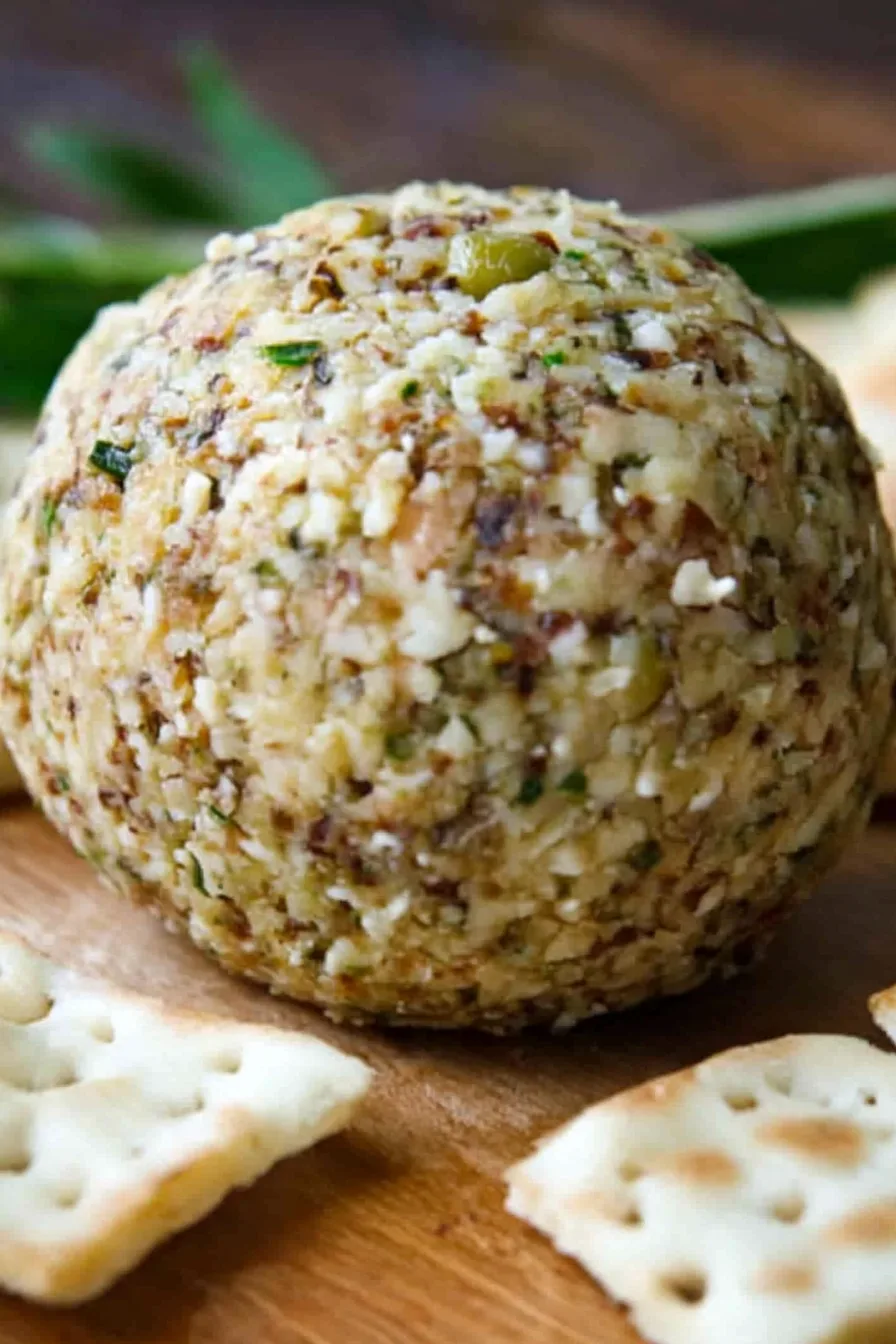 Close-up of a round appetizer covered in herbs and nuts.