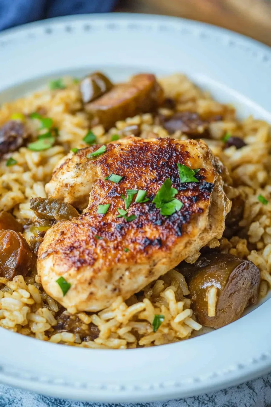 Close-up of fluffy rice mixed with spices and garnished with herbs.