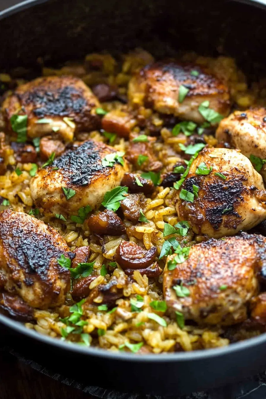 Juicy chicken resting on a bed of flavorful rice in a cast-iron pan.