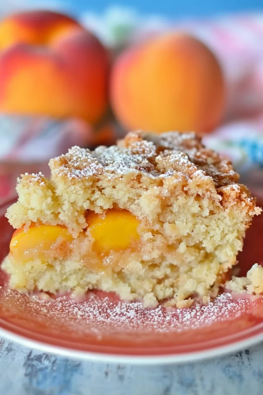 Freshly baked slice of cake with juicy peaches layered inside.