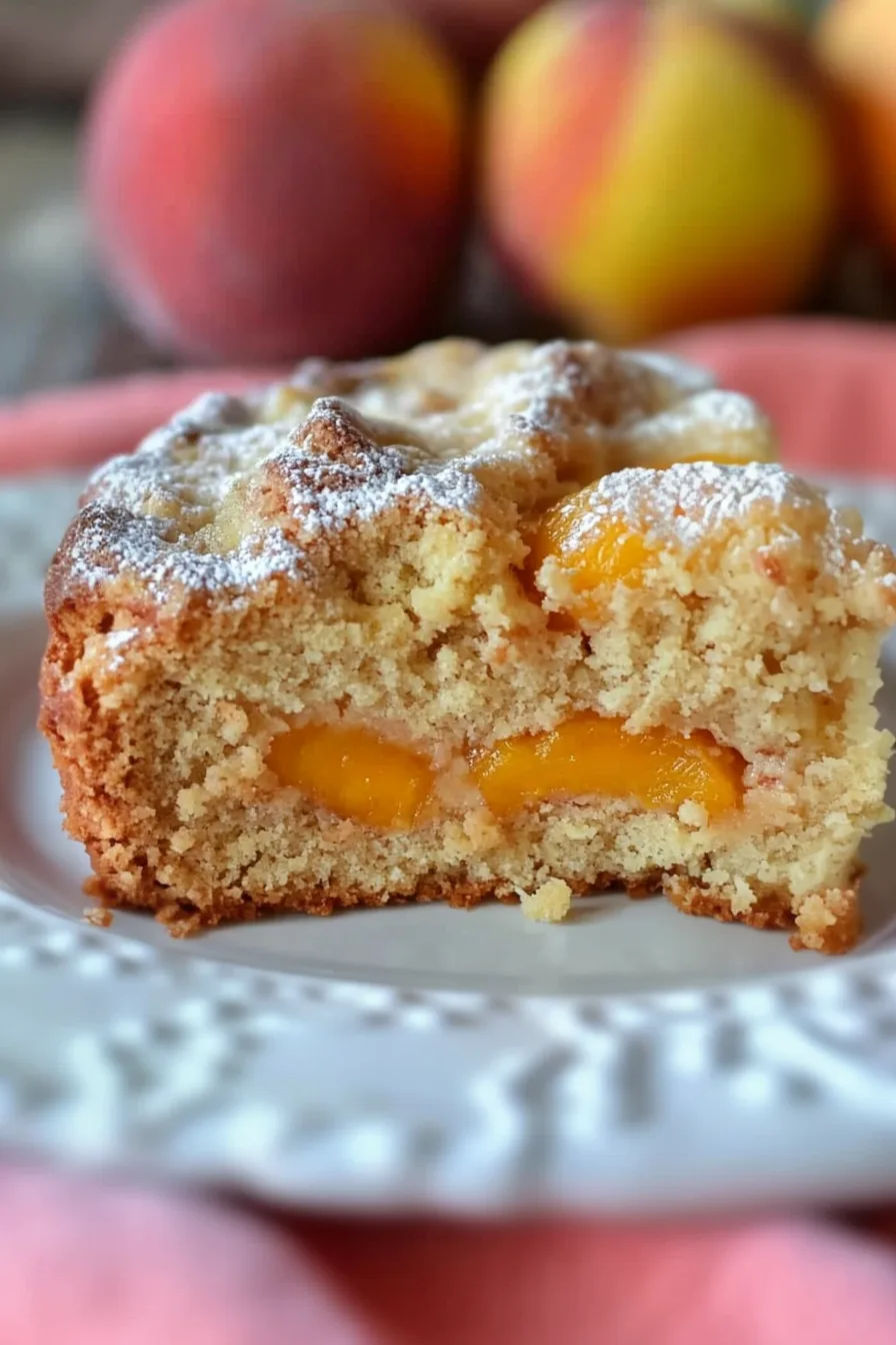 Golden-brown coffee cake topped with peach slices and crumbly streusel.