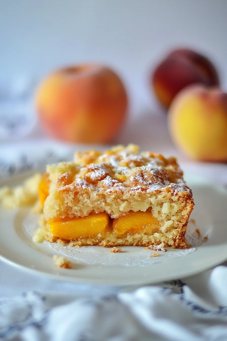 Warm cake squares dusted lightly with powdered sugar.
