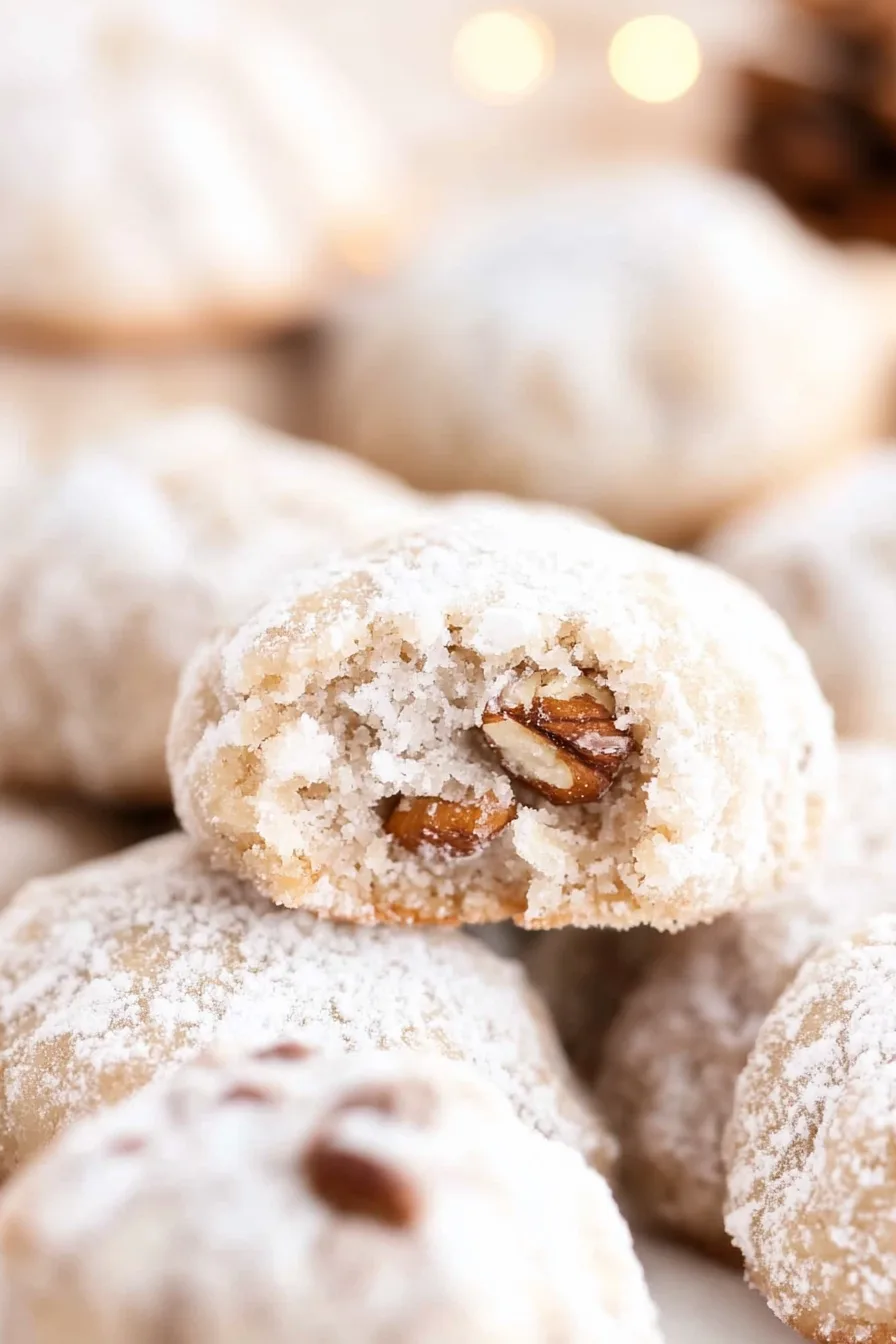Close-up of homemade pecan cookies dusted with sugar.