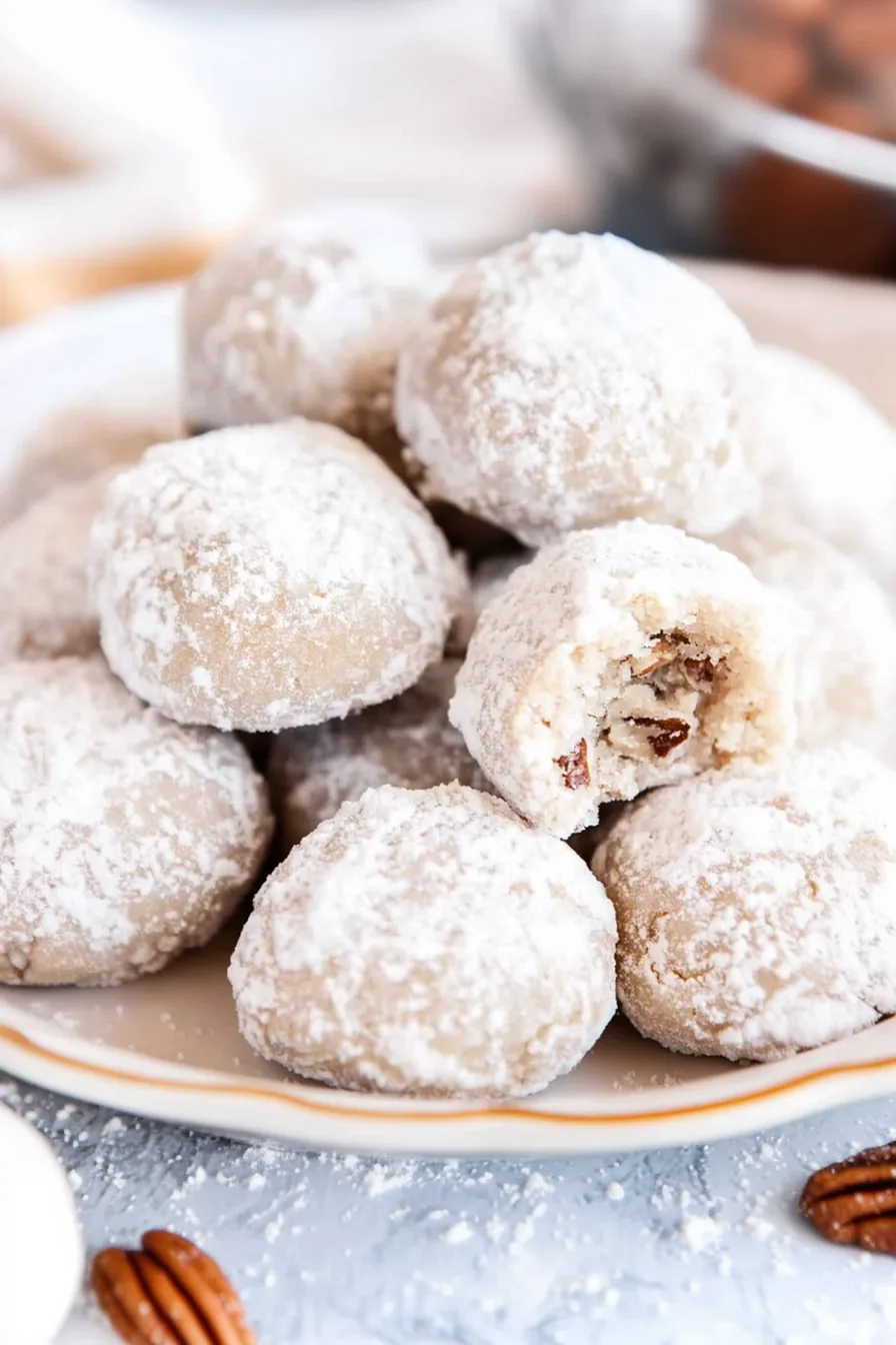 A plate of round cookies coated in powdered sugar.