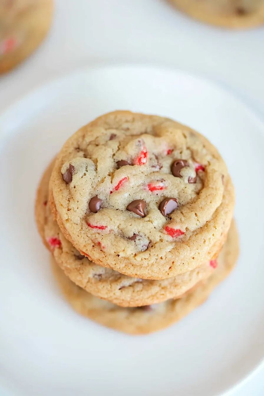 Close-up of golden cookies dotted with chocolate and peppermint chunks.