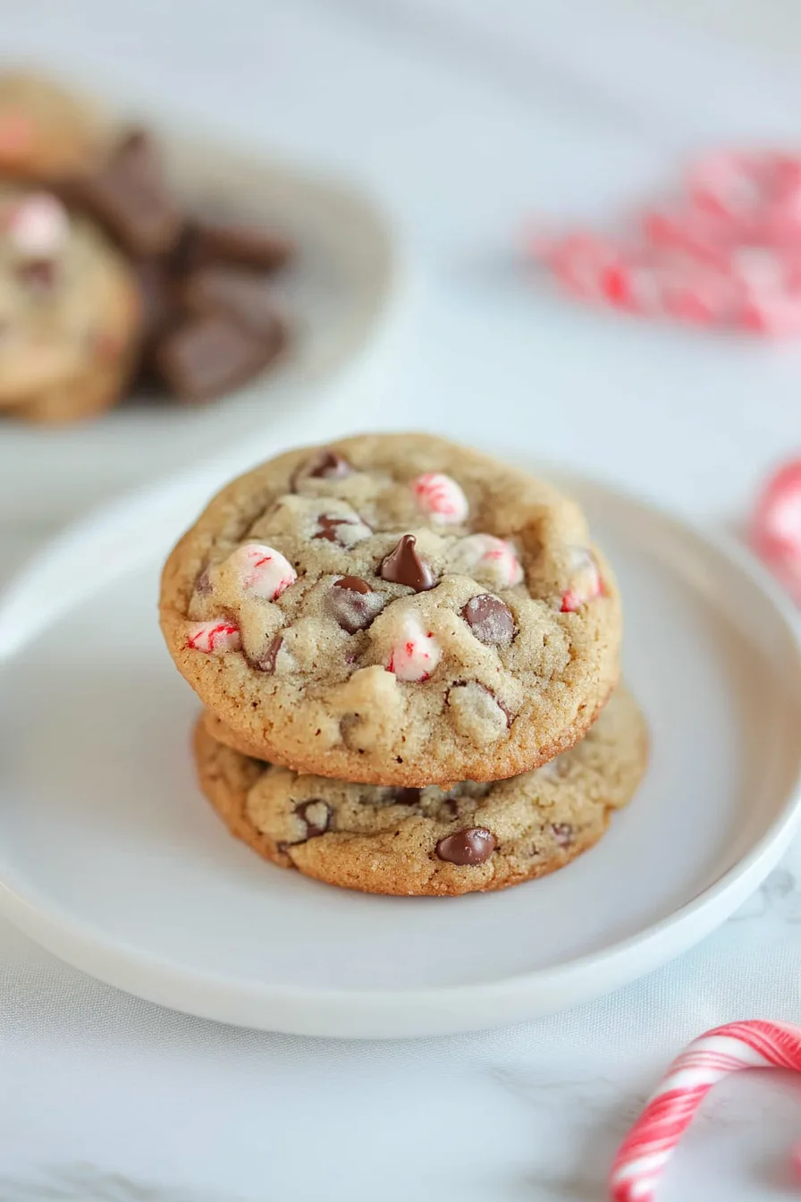 Freshly baked cookies topped with bits of candy cane and chocolate.