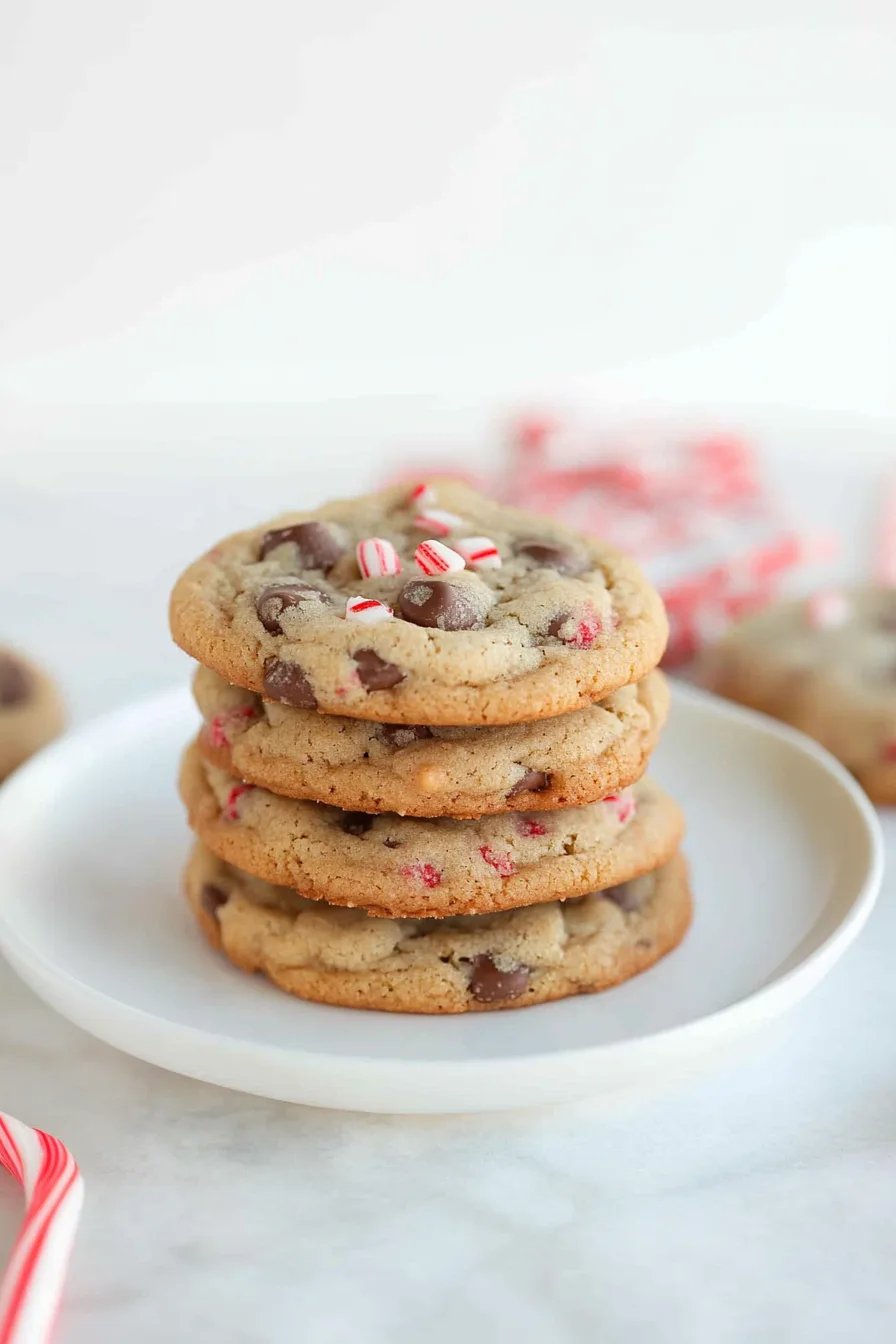 Holiday cookies with red peppermint pieces and melted chocolate chips.
