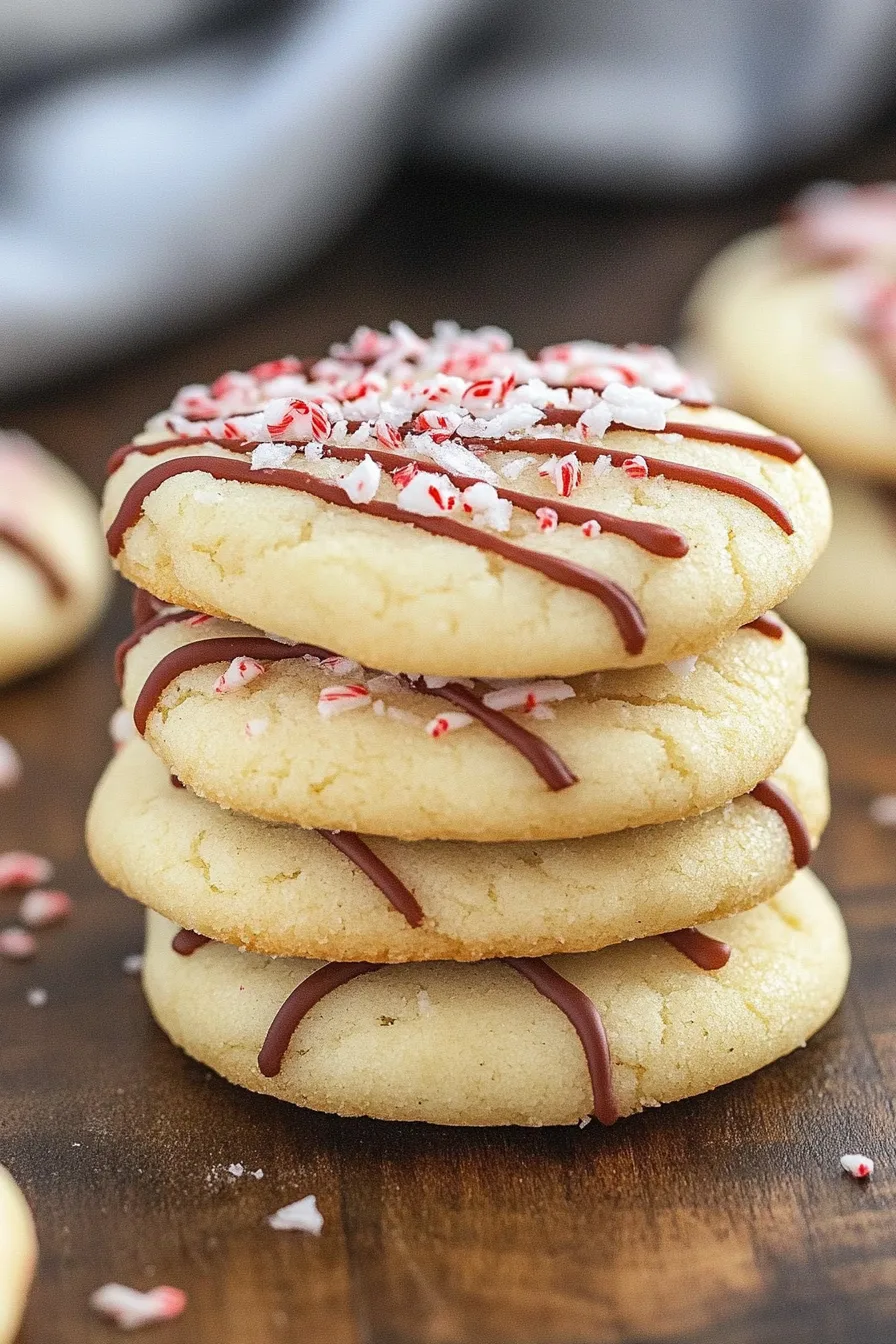 Stack of sugar cookies drizzled with chocolate and sprinkled with crushed peppermint
