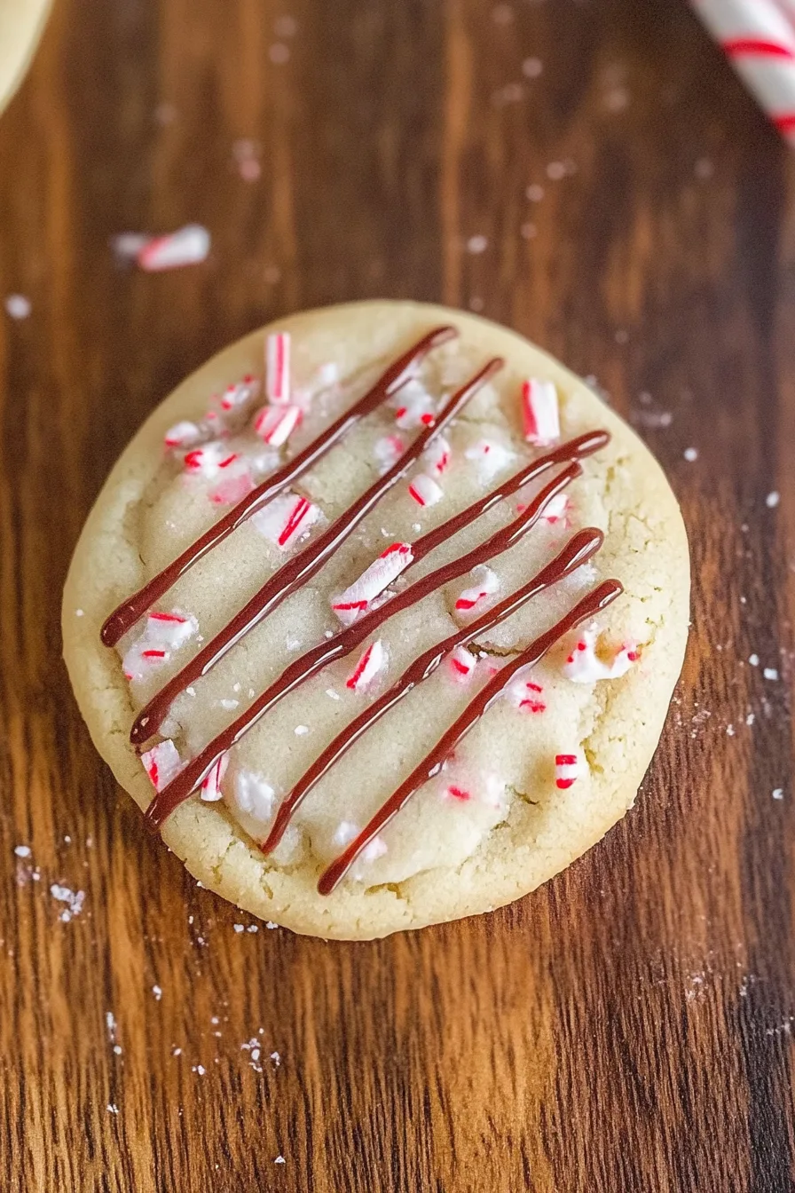 Close-up of a buttery cookie topped with candy cane pieces